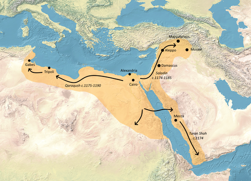 Ayyubid expansion 1174-1193, including the campaigns of Saladin, Qaraqush (nephew of Saladin) and Turan-Shah (elder brother of Saladin).[61]