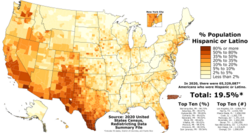 Distribution of Hispanics in the U.S. in the 2020 United States census.