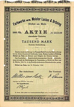 Share of the Farbwerke vorm. Meister Lucius & Brüning, issued 10 November 1922