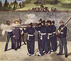 The Execution of Emperor Maximilian, June 1867. Gen. Tomás Mejía, left; Maximiian, center; Gen. Miguel Miramón, right. Painting by Édouard Manet 1868