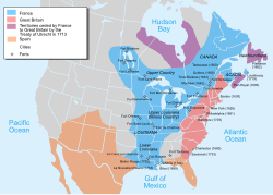 Map of the French settlements (blue) in North America in 1750, before the French and Indian War (1754 to 1763).
