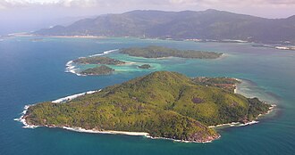 An aerial view of islands in the Seychelles