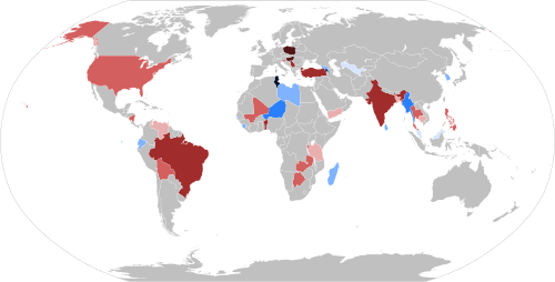 Countries autocratizing (red) or democratizing (blue) substantially and significantly (2010–2020), according to the V-Dem Democracy indices. Countries in grey are substantially unchanged.[76]