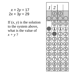 An example from the pre-digital pencil-and-paper SAT exam of a student-produced response math question and the correctly filled in answer