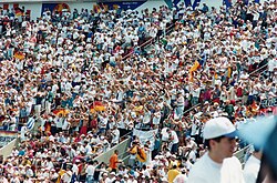 The large capacity stadiums enabled huge crowds to attend the games, such as this one at the Giants Stadium quarterfinal game.