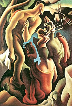 American Discovery Viewed by Native Americans, a 1922 painting by Thomas Hart Benton, now housed in the Peabody Essex Museum in Salem, Massachusetts, United States[62]