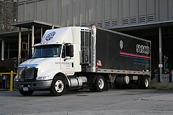 A foodservice truck at a loading dock. Road transportation is often used in food distribution.