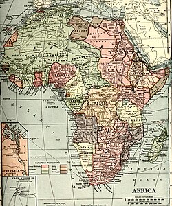 Map of Africa in 1914 with regions colonized by Germany shown in yellow.