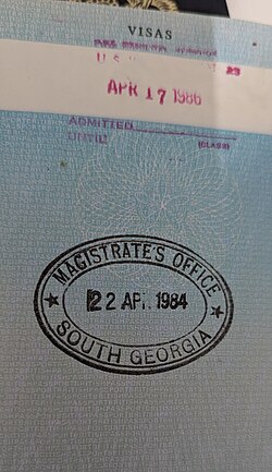 South Georgia passport entry stamp, issued by the Post Office in Grytviken 1984