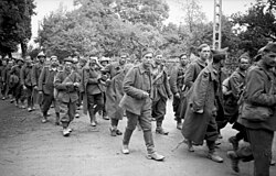 French soldiers marching into German captivity, June 1940