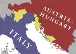 Territories promised to Italy by the Treaty of London (1915), i.e. Trentino-Alto Adige, Julian March and Dalmatia (tan), and the Snežnik Plateau area (green). Dalmatia, after World War I, however, was not assigned to Italy but to Yugoslavia.