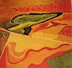 An artistic depiction of an aerial landscape: Jane Frank (Jane Schenthal Frank, 1918-1986), Aerial Series: Ploughed Fields, Maryland, 1974, acrylic and mixed materials on apertured double canvas, 52"x48".