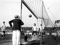 The ball, shot by Cesáreo Onzari, scores a goal for Argentina against Uruguay in 1924. This was the first goal scored direct from a corner