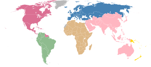 Map of the World with the six confederations: Asian Football Confederation (AFC) Confederation of African Football (CAF) Confederation of North, Central America and Caribbean Association Football (CONCACAF) South American Football Confederation (CONMEBOL) Oceania Football Confederation (OFC) Union of European Football Associations (UEFA)
