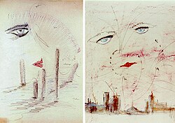 A draft by Cugat; although it almost appears as definitive, with the large celestial eyes already in the foreground, the background appears barren and desolate; it seems to depict the "Valley of Ashes" of the second chapter.