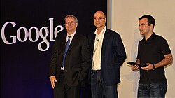 Eric Schmidt, Andy Rubin and Hugo Barra at a 2012 press conference announcing Google's Nexus 7 tablet