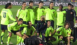 Puyol (downright) lining up for Barcelona, alongside Ronaldinho, Rafael Márquez, Xavi and Samuel Eto'o in 2005