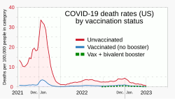 Death rates for unvaccinated Americans substantially exceeded those who were vaccinated, with bivalent boosters further reducing the death rate.[199]