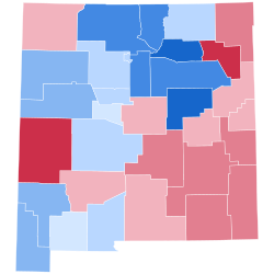 Party registration by New Mexico county (February 2023): Democratic ≥ 30% Democratic ≥ 40% Democratic ≥ 50% Democratic ≥ 60% Democratic ≥ 70% Republican ≥ 40% Republican ≥ 50% Republican ≥ 60%