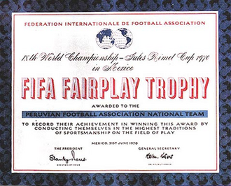 Peru's FIFA Fair Play trophy award. Peru won the award after receiving no yellow or red cards in the tournament.