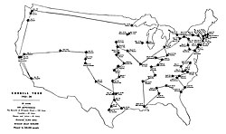 Map of Katharine Cornell's 1933–1934 transcontinental repertory tour, Welles's professional debut on the American stage