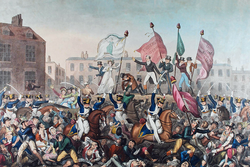 A coloured print depicting soldiers in blue and white uniforms amongst a crowd of people wearing various colours and waving unicolour flags. The people are fighting and some are on the floor.
