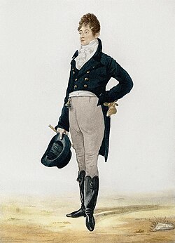 Beau Brummell wears a Regency period dress coat as daytime dress. The coat is able to close and the tails are knee length.