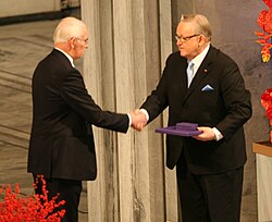 Martti Ahtisaari receiving the Nobel Peace Prize in 2008
