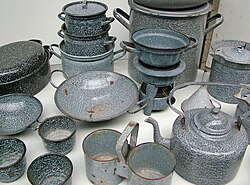 Grey clouds, typical enamel cooking gear from the Dutch DRU factory, popular in the 1950s