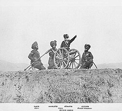 No. 4 (Hazara) Mountain Battery with RML 7-pounder mountain gun. Left to right Subadars (Sikhs) and Gunners (Punjabi Musalman) c. 1895.