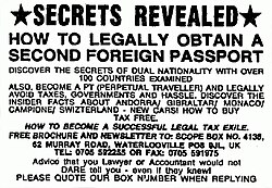 Advertising for second passports and information about becoming a "Perpetual Traveller". Scope, The Times, 1994.