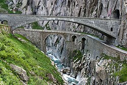 Teufelsbrücke (Devil's Bridge) on the route to the St Gotthard Pass; the currently used bridge from 1958 over the first drivable bridge from 1830
