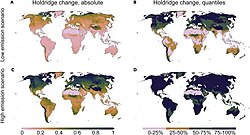 Predicted changes for Earth's biomes under two different climate change scenarios for 2081–2100. Top row is low emissions scenario, bottom row is high emissions scenario. Biomes are classified with Holdridge life zones system. A shift of 1 or 100% (darker colours) indicates that the region has fully moved into a completely different biome zone type.[46]
