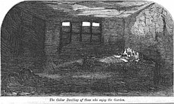"A Cellar dwelling in Nichol Street", illustration for "More Revelations of Bethnal Green", published in The Builder, vol. XXI, no. 1082 (31 October 1863)