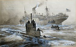 German art of the sinking of the Linda Blanche on 30 January 1915 by SM U-21. Passengers and crew are being allowed to disembark into lifeboats, as per cruiser rules.