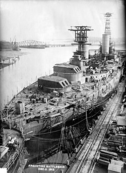 Rivadavia-class battleship under construction in the US for the Argentine Navy. Photo taken in 1912. Two ships of this class entered service in 1914–1915 and served until 1956.