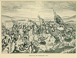 The Battle of Harlaw as depicted in The Clan Donald volume 1 (1896), by A and A MacDonald, who assert that Donald of Islay and his army of Scottish Highlanders won a victory over the Duke of Albany and his army of Scottish Lowlanders, which resulted in the "total annihilation" of the Lowland army.[14] However, some historians say the battle was indecisive with no clear victor and the Oxford Companion to Scottish History (2011) states that Donald of Islay was "defeated at great cost at Harlaw".[15]