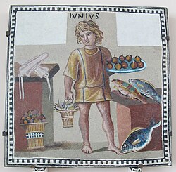 A boy with a platter of fruits and what may be a bucket of crabs, in a kitchen with fish and squid, on the June panel from a 3rd-century mosaic depicting the months, in the Hermitage Museum, Antiquity Collection, room 101 in St Petersburg, Russia[210]