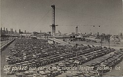 Commemorative postcard from the worlds largest parking lot in the 1930's, Chicago.