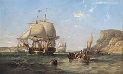 HMS Donegal, 74-guns, flying the flag of Rear-Admiral Sir John Ommanney, heading down the Tagus past the Church of Santa-Engracia. James Wilson Carmichael