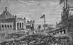 Opening day ceremonies at the Centennial Exposition at Memorial Hall in Fairmount Park in 1876, the first world fair held in the U.S. on the centennial anniversary of the nation's founding