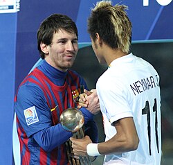 Neymar and Lionel Messi greeting each other after the 2011 FIFA Club World Cup final