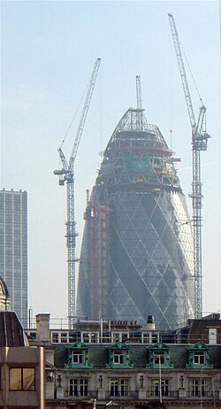 Work in progress on 30 St Mary Axe, one of Skanska's most high-profile contracts. Built between 2001 and 2004, the tower was a major addition to London's skyline.