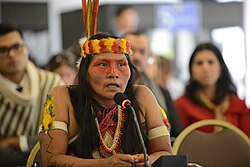 Waorani man with the typical Amazonian indigenous clothes