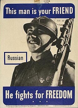 U.S. government poster showing a friendly Soviet soldier, 1942