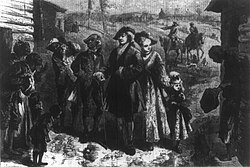 Well-dressed plantation owner and family visiting the slave quarters.