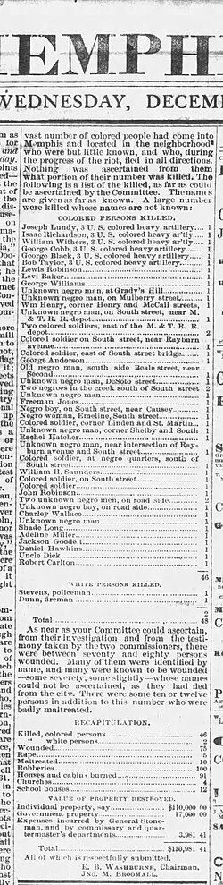Memphis race massacre casualty list, published December 6, 1866, in the Memphis Avalanche; a number of the dead were U.S. Colored Troops, most from the 3rd Regiment Heavy Artillery U.S. Colored Troops