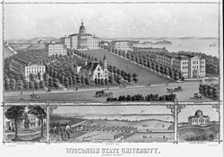 An early illustration of the campus in 1879, including Bascom Hill and Washburn Observatory