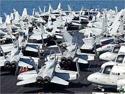 After landing, aircraft are packed on the bow to keep the landing area clear