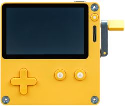 Playdate console with the crank in an open position